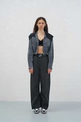 Grey Knit Panel Washed Foldable Long Pants