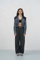 Grey Knit Panel Washed Foldable Long Pants