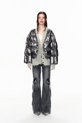 Panel Destroyed Knit False Two-Piece Puffer