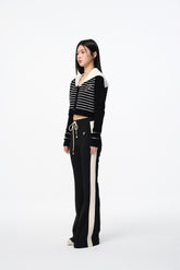 Black Stripe Notched Collar Knit Top