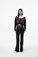 Black Stripe Notched Collar Knit Top