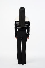 Black Stripe Notched Collar Knit Top