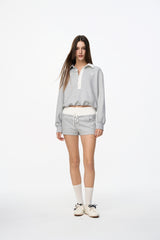 Grey & White Color Block Polo Collar Sweatshirt - Set