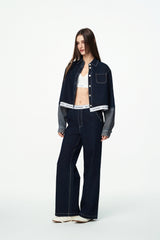 Elastic Rib Logo Raw Denim Panel Jacket
