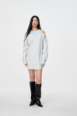 Blue Stripe False Two-Piece Cold Shoulder Shirt Dress
