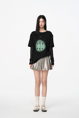 False Two-Piece Crystal Mesh Sleeve Print Long Sleeve