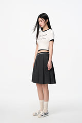 Cross-Waist Grey Pleated Skirt