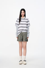Grey & White Stripe Logo False Two-Piece Sleeve Long Sleeve