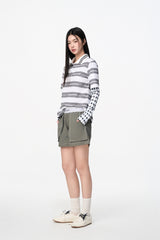 Grey & White Stripe Logo False Two-Piece Sleeve Long Sleeve