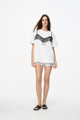 White Lace Trim Panel Short Sleeve Top