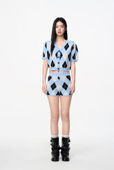 Black & Blue Check Knit Bodycon Shorts - Set