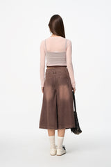 Brown Washed Denim Capris