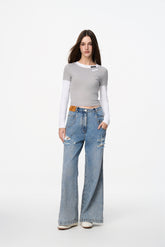 Grey & White Color Block Label Long Sleeve Top