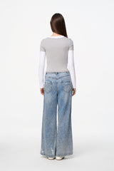 Grey & White Color Block Label Long Sleeve Top