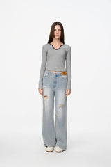 Blue Ripped Logo Straight Leg Jeans