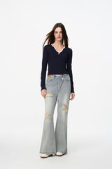 Blue Irregular Waist Ripped Jeans