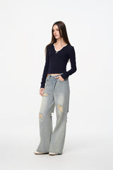 Blue Irregular Waist Ripped Jeans