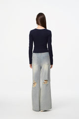 Blue Irregular Waist Ripped Jeans