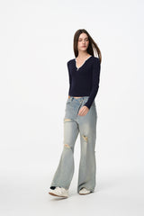 Blue Irregular Waist Ripped Jeans