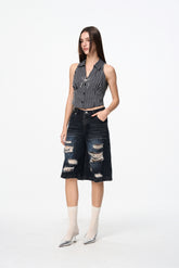 Black & Grey Stripe Lace-Up Sleeveless Top