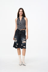 Black & Grey Stripe Lace-Up Sleeveless Top