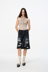 Khaki Print Sleeveless Zip-Up Top