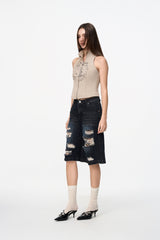 Khaki Print Sleeveless Zip-Up Top