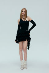 Asymmetric Tie-Detail Pleated Dress