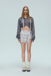 Washed Grey Floral Ribbing Zip-Up Crop Hoodie