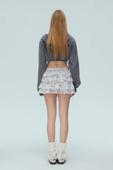 Washed Grey Floral Ribbing Zip-Up Crop Hoodie