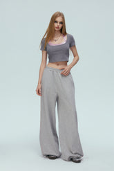 Grey & Pink Satin Tie-Detail Short Sleeve Top