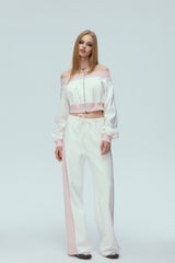 White & Pink Cold Shoulder Zip-Up Top