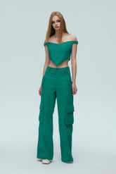 Green Denim Braided Pocket Casual Pants