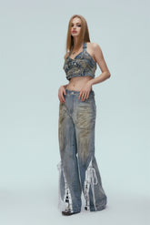 Vintage Denim Layered Button-Up Top