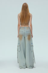 Washed Blue Cargo Pocket Tie-Detail Rhinestone Jeans