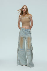 Washed Blue Cargo Pocket Tie-Detail Rhinestone Jeans