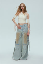 Beige Sleeve Garter Lace-Up Top