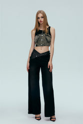 Black Knit Panel Denim Vest