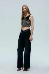 Black Knit Panel Denim Vest