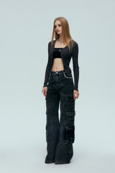 Belt Buckle Detail Grey Knit Top