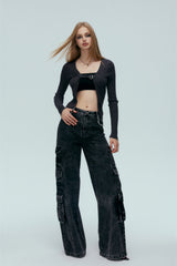 Belt Buckle Detail Grey Knit Top