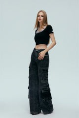 Grey & Pink Satin Tie-Detail Short Sleeve Top