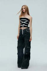 Silver Ribbon Black Bustier Top