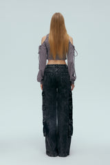 Grey Tie-Detail Cold Shoulder Zip-Up Top