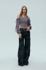 Grey Tie-Detail Cold Shoulder Zip-Up Top