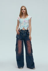 Washed Blue Cargo Pocket Turn-Up Jeans