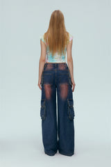 Washed Blue Cargo Pocket Turn-Up Jeans