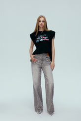 Washed Grey Bullet Hole Straight Leg Patch Jeans