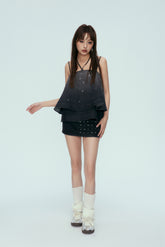 Asymmetric Cutout Rivet Denim Mini Skirt