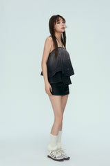 Asymmetric Cutout Rivet Denim Mini Skirt